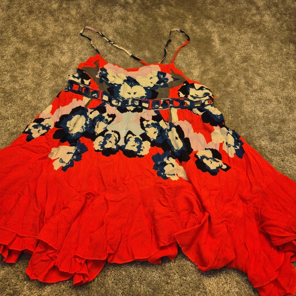 Free People Floral Cami Sz Small Top Red Blue Boho Tassel Tiered Ruffle Hem